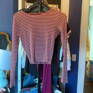Maroon and white striped cropped long sleeved shirt